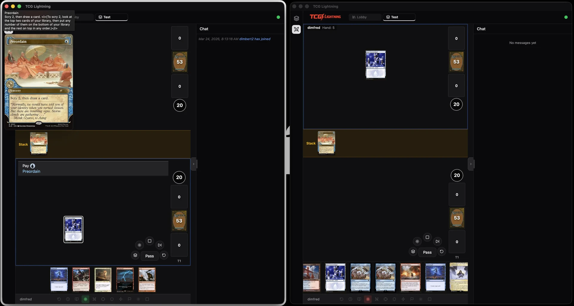 Two TCG Lightning windows side by side playing a game of Magic against each other via XMage, with cards on the stack and mana payment prompts