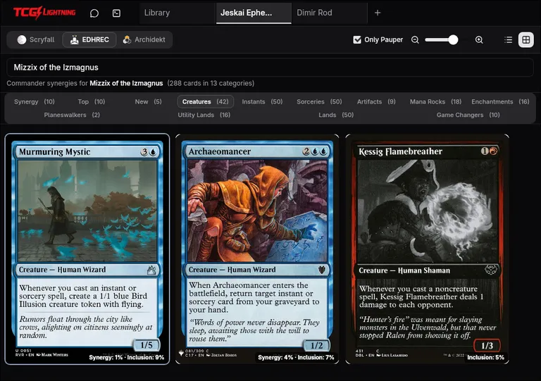 EDHREC integration for Commander deck building — synergy scores and staples