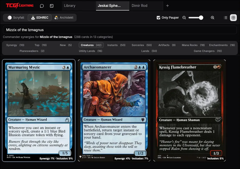 EDHREC integration for Commander deck building — synergy scores and staples